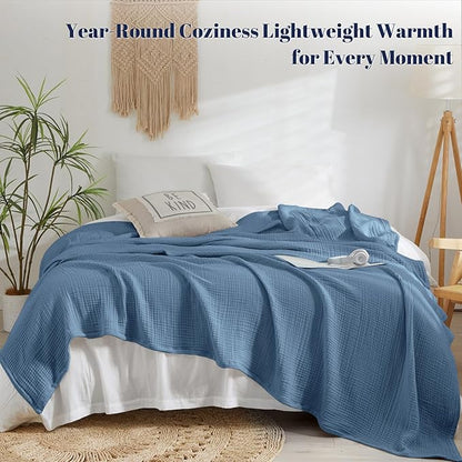 PHF 100% Cotton Muslin Blanket Queen Size 90"x90", 4-Layer Lightweight Gauze Throw, Breathable Cloud-Soft Minimalist Blanket for Bed, Couch, Camping & Baby, Denim Blue, Ideal Gift
