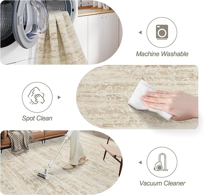 6x9 Area Rugs for Living Room, Stain Resistant Neutral Washable Rugs for Dining Room, Floral Vintage Non-Slip Thin Area Rug Farmhouse Rug Beige Ivory