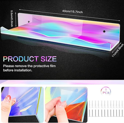 6 Packs Iridescent Clear Acrylic Floating Shelves, DILIBRA 15.7 Inch Large Set up for Funko Pop Display Case Picture Ledge Shelf, Acrylic Floating Wall Bookshelf Organizer for Kids Room Bathroom
