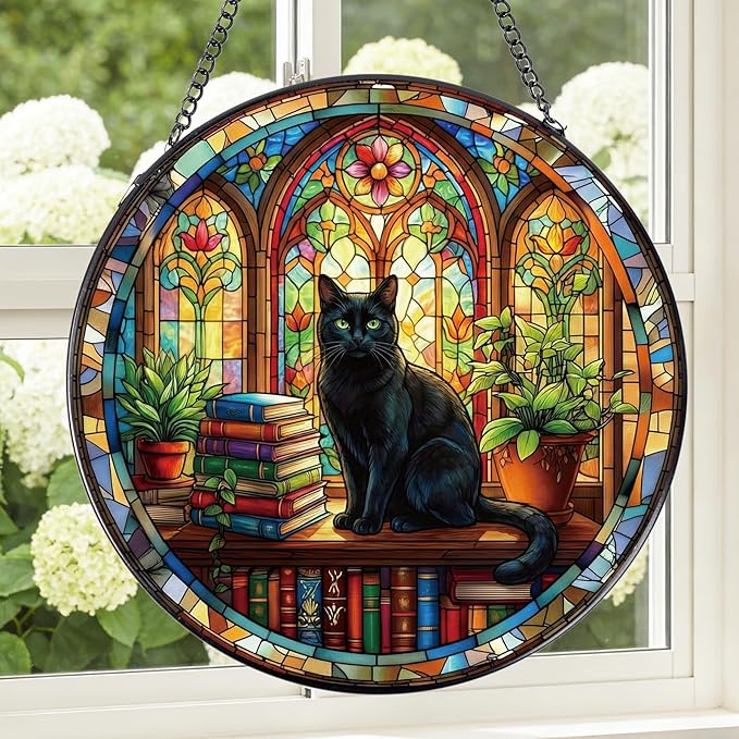 Rngmsi Stained Glass Window Hanging, 8 Inch Sun Catcher Cat and Book Theme Gift for Housewarming, Decorative Suncatchers Gifts for Wall Art Landscape Hanging Home Decor