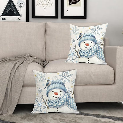 Christmas Pillow Covers 22x22 Set of 2 Blue Snowman Throw Pillow Covers Winter Pillowcase Linen Decoration Farmhouse Bird Cozy Soft Cushion Case Couch for Indoor Outdoor Home Decor
