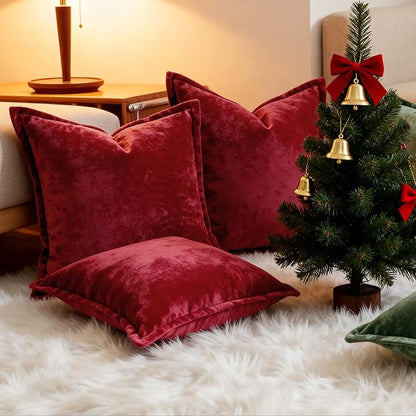 Velvet Pillow Covers 2 Pack Soft 26x26 Pillow Covers Solid Square Euro Shams Decorative Couch Pillow Cases with Wide Border for Sofa Bed Home Decor,Christmas Red
