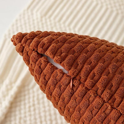 Kevin Textile Fall Throw Pillow Covers Soft Corduroy Decorative Set of 2 Boho Striped Pillow Covers Pillowcases Farmhouse Home Decor for Couch Bed Sofa Living Room 16x16 Inch Rust Brown