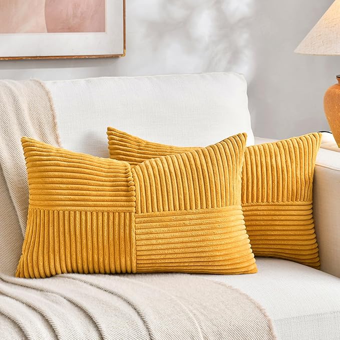 Fancy Homi 2 Packs Gold Yellow Lumbar Decorative Throw Pillow Covers 16x32 Inch for Couch Bed Sofa, Rustic Farmhouse Boho Spring Home Decor, Soft Striped Corduroy Rectangle Accent Cushion Case 40x80cm