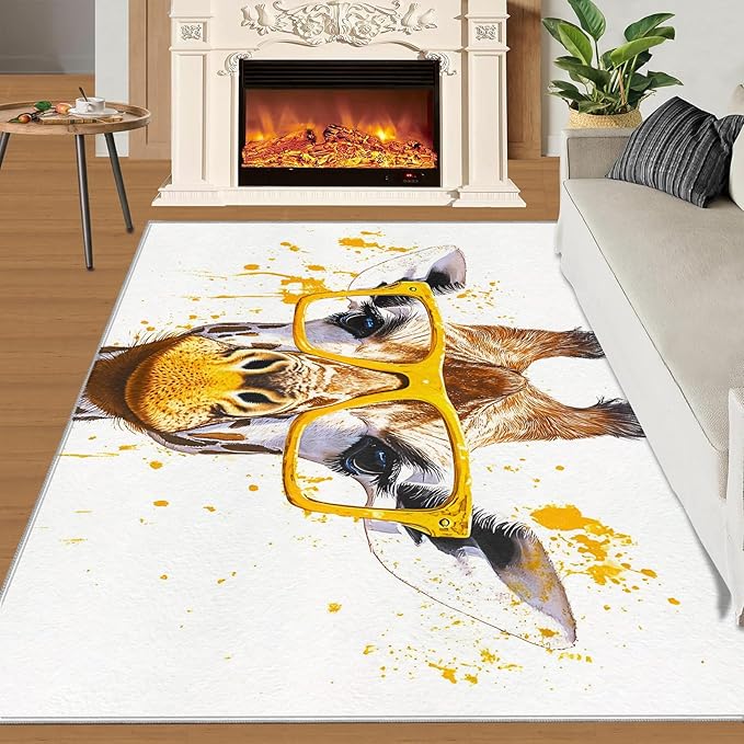 Giraffe 2x3 Area Rugs for Living Room, Funny Animals Washable Non Slip Rugs, Pop Art Low Pile Print Rug for Bedroom, Dining Room, Home Office