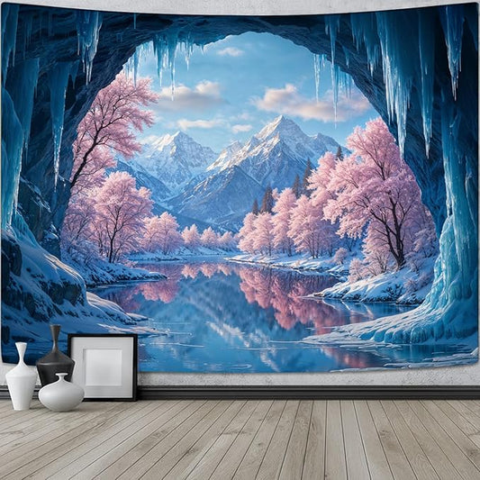 kampdream Fantasy Winter Scenery Tapestry, Ice Cave Landscape with Frozen Lake and Cherry Blossom Forest Wall Hanging, Landscape Nature Home Decor for Bedroom and Living Room Wall Art Decoration