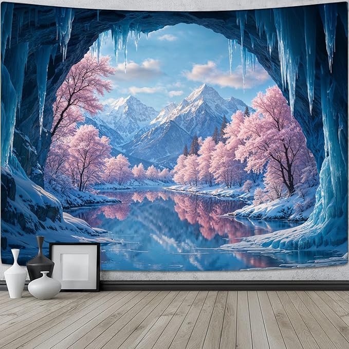kampdream Fantasy Winter Scenery Tapestry, Ice Cave Landscape with Frozen Lake and Cherry Blossom Forest Wall Hanging, Landscape Nature Home Decor for Bedroom and Living Room Wall Art Decoration
