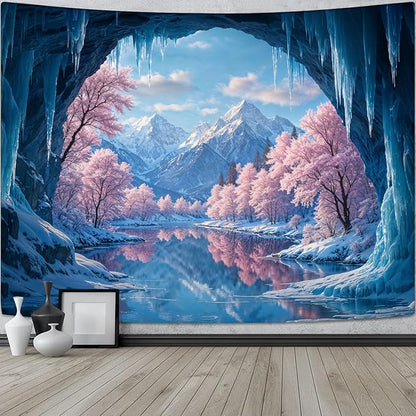 kampdream Fantasy Winter Scenery Tapestry, Ice Cave Landscape with Frozen Lake and Cherry Blossom Forest Wall Hanging, Landscape Nature Home Decor for Bedroom and Living Room Wall Art Decoration