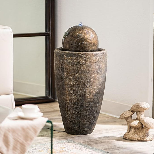 26" Zen Sphere Water Fountain with LED Light – Indoor Outdoor Stone Texture Floor Fountain, Bronze | XBrand