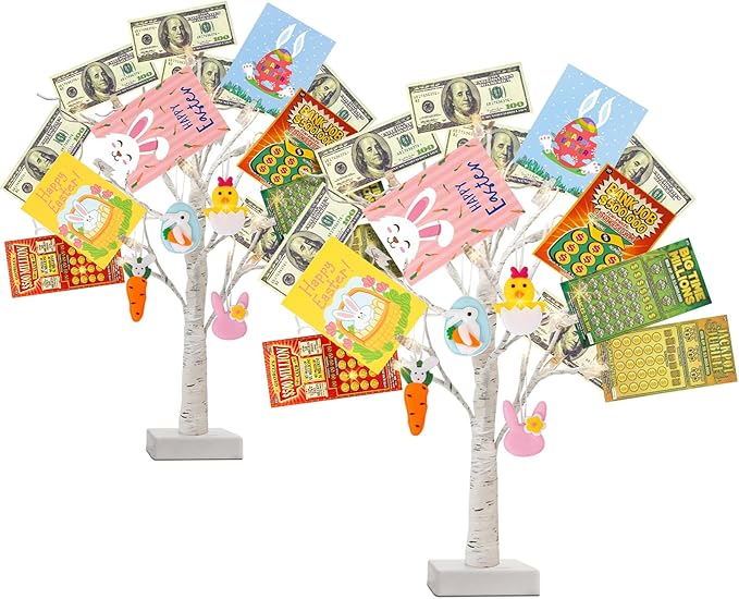 PEIDUO Set of 2 Money Trees, Lighted 22Inch 24LT White Birth Tree with Clips and Greeting Cards, Gift Card Holder for Birthday,Christmas, Wedding, Father's Day Graduation Gifts, Money Tree Gift Holder