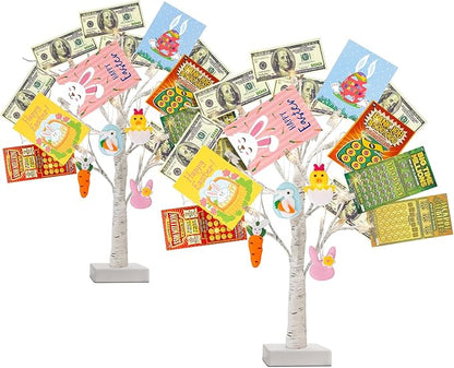 PEIDUO Set of 2 Money Trees, Lighted 22Inch 24LT White Birth Tree with Clips and Greeting Cards, Gift Card Holder for Birthday,Christmas, Wedding, Father's Day Graduation Gifts, Money Tree Gift Holder