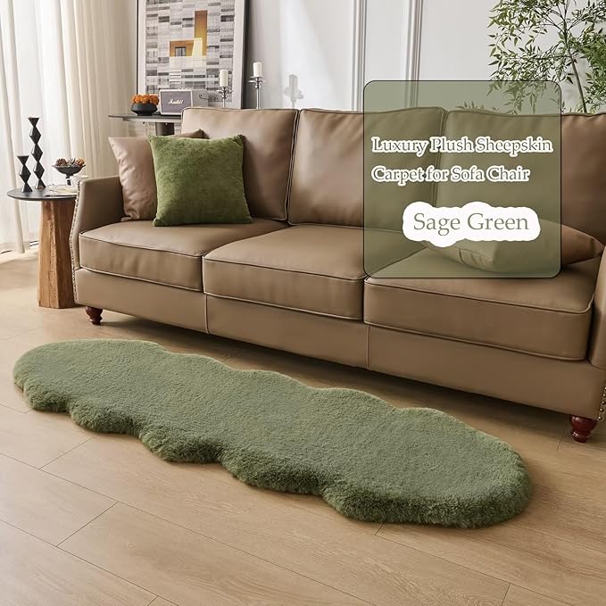 1700GSM Fuzzy Faux Sheepskin Fur Area Rug,Extra Soft Faux Fur Mat,Fluffy Shaggy Fur Rug for Bedroom Living Bedside Rug Room Decor-Sage Green, 2 x3 ft