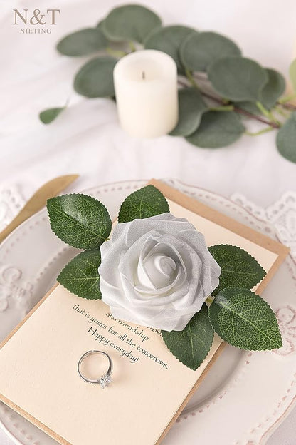 N&T NIETING Artificial Flowers, 25pcs Fake Flowers Roses with Stem for DIY Wedding Bouquets Centerpieces Bridal Shower Party Home Decoration, Silver White