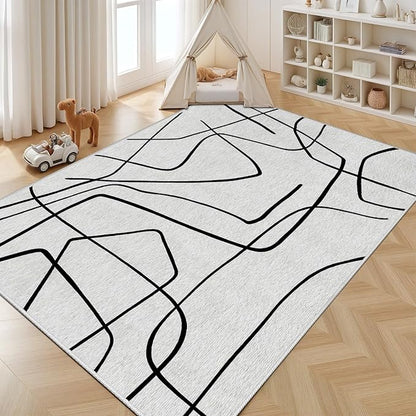 Black and White Rug - Abstract Area Rug, Black and White Rugs for Living Room, Modern Minimalist Washable Rugs, Contemporary Carpet Non Slip Home Decor, Curve 3x4