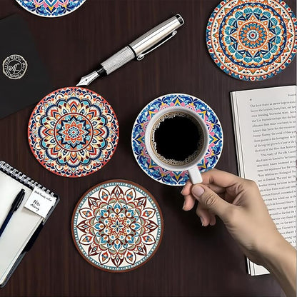 zcyhtqp, Funny Absorbent Round Ceramic Stone Coasters Set of 4 with Cork Base, Mandala Drink Coasters, Ceramic Boho Coasters, Gifts for Home, Kitchen, Bar, Office Table Décor
