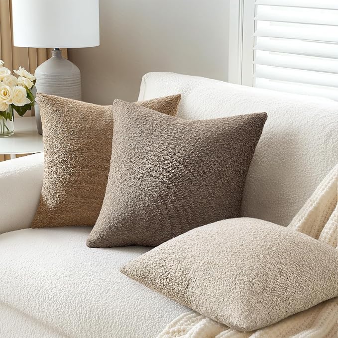 ANRODUO Pack of 2 Textured Boucle Throw Pillow Covers Soft Brown Decorative Accent Solid Pillow Cases Cozy Modern Couch Cushion Case for Chair Sofa Bedroom Living Room Home Decor, 18 x 18 Inch