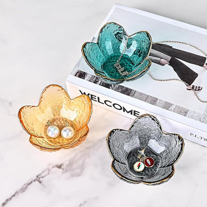 Koythin 3-Piece Glass Jewelry Tray, Small Trinket Holder for Necklace Bracelet Earring, Ring Holder for Bathroom, Aesthetic Trinket Dish, Flower Nightstand Decor for Girl Mom Women (Green)