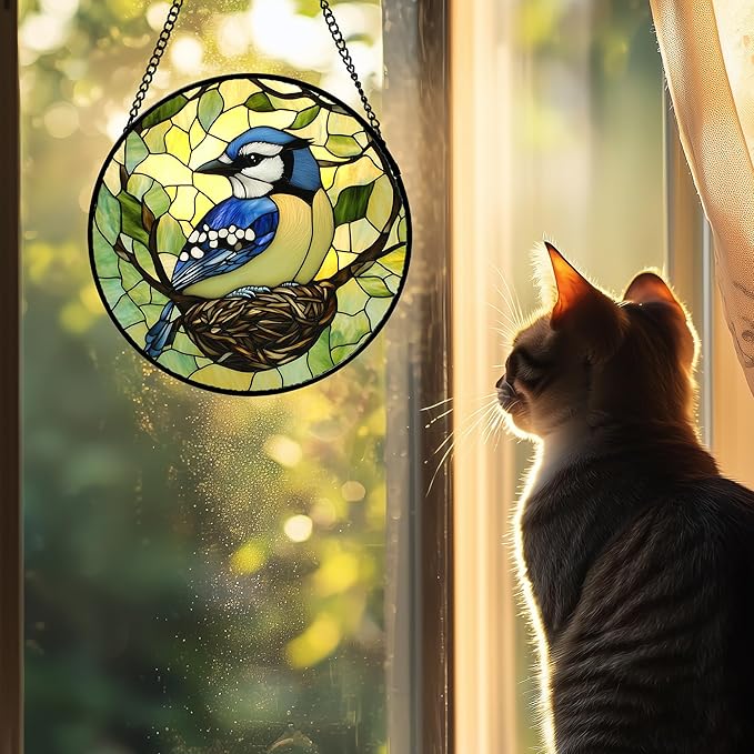 DASTOLL Stained Glass Window Hanging 4 Pcs Set Bird Theme On Branch 7.8" - Cardinal Suncatcher Door Garden Sun Catcher Decor Birthday Christmas for Mom Woman Nana Men