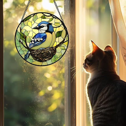 DASTOLL Stained Glass Window Hanging 4 Pcs Set Bird Theme On Branch 7.8" - Cardinal Suncatcher Door Garden Sun Catcher Decor Birthday Christmas for Mom Woman Nana Men