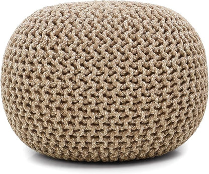 REDEARTH · Round Pouf Ottoman - Hand Knitted Cable Boho Poof Home Décor Pouffe Circular Footrest for Living Room - Nursery - Bedroom - Lounge 100% Cotton (19.5"x19.5"x14") - Beige Ivory, Set of 2