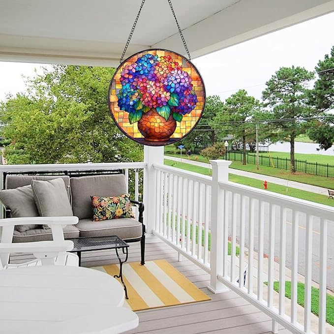 Hydrangea Stained Glass Window Hanging, 7.8" Round Sun Catcher Hand Painted Wall Art Decor with Chain, Unique Housewarming Gifts for Couples, Home