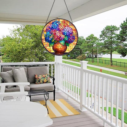 Hydrangea Stained Glass Window Hanging, 7.8" Round Sun Catcher Hand Painted Wall Art Decor with Chain, Unique Housewarming Gifts for Couples, Home