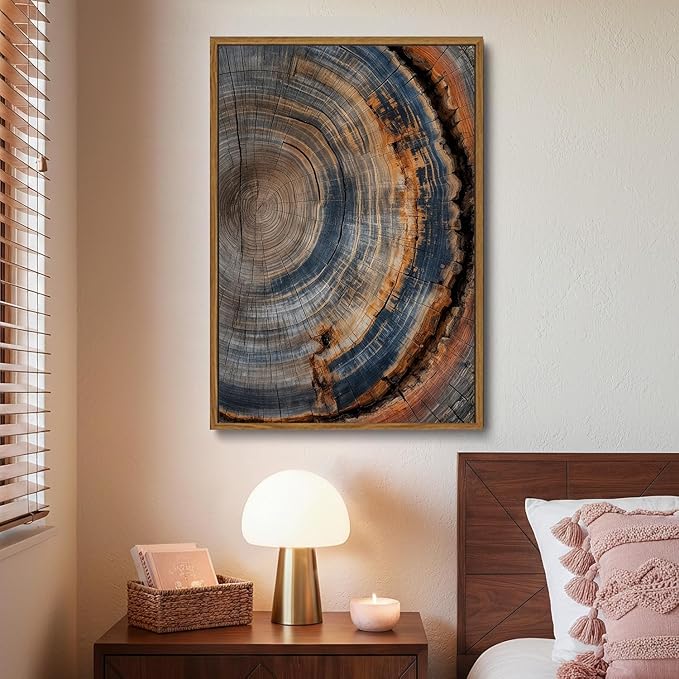 IBHJSART Framed Tree Ring Canvas Wall Art Vintage Colorful Wood Stump Painting Prints Modern Minimalist Pictures Neutral Nature Rustic Farmhouse Decor Living Room Bedroom Bathroom Office
