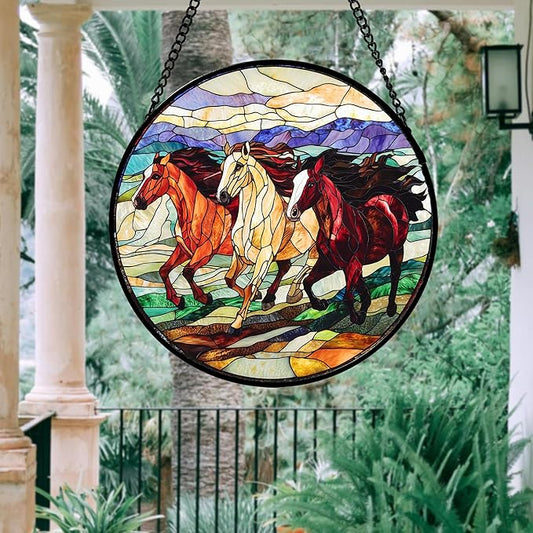 DASTOLL Stained Glass Window Hanging, Colorful Landscape Running Horse Suncatcher for Doors Window Home Sun Catchers Decoration Mother's Day Birthday Gifts for Women, Men, and Mom 9.8x9.8 in