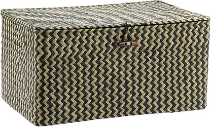 Hipiwe Wicker Shelf Baskets Bin with Lid, Handwoven Seagrass Basket Storage Bins Rectangular Household Basket Boxes for Shelf Wardrobe Home Organizer,Black,Large