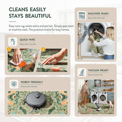 Moynesa Green Washable 8x10 Area Rugs for Living Room Bedroom Dining Room, Modern Farmhouse Country Floral Bird Print Pattern Medallion Carpet, Aesthetic Home Decorations Open Floor Areas Protection