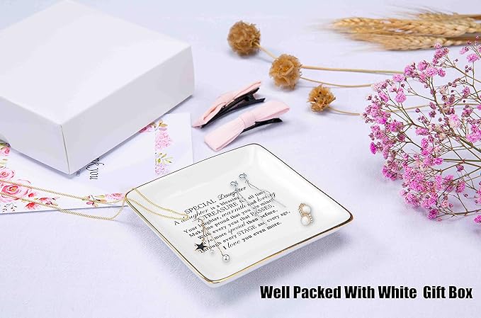 Topthink Special Daughter A Is Blessing – Ceramic Jewelry Holder Ring Dish Trinket Tray– Gifts from Mom Or Dad - Birthday Graduation Christmas for Bouns in Law