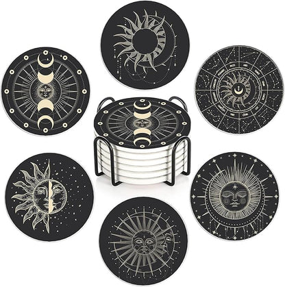 6-Pack Moon Phase Coasters Set with Holder - Absorbent Ceramic Drink Pads, Non-Slip Table Protectors for Coffee & Glasses