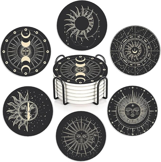 6-Pack Moon Phase Coasters Set with Holder - Absorbent Ceramic Drink Pads, Non-Slip Table Protectors for Coffee & Glasses