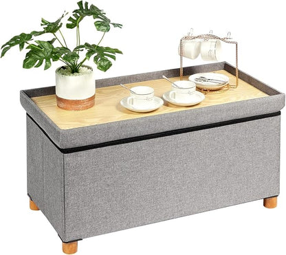 PINPLUS Ottoman with Storage Coffee Table, Grey Footrest-Stool Linen Chest with Tray, Large Storage Bench Foot Rest Ottoman for Bedroom End of Bed, Living Room, Hallway, 30"x 15"x 15"