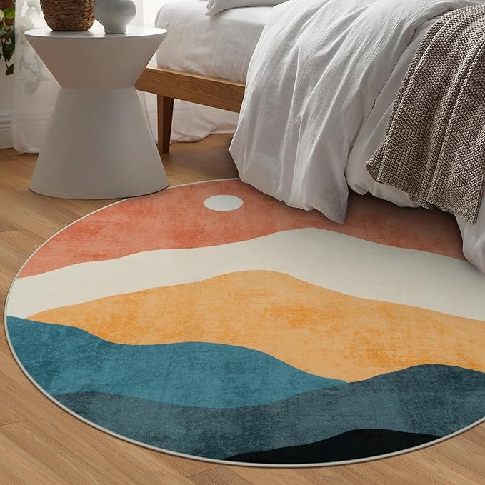 Abstract Round Rug for Bedroom 4ft, Faux Wool Soft Area Circle Area Rug, Boho Washable Low Pile Classroom Rugs, Carpet for Living Room Sofa Bathroom Nursery Kids Room Decor