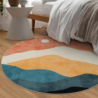 Abstract Round Rug for Bedroom 4ft, Faux Wool Soft Area Circle Area Rug, Boho Washable Low Pile Classroom Rugs, Carpet for Living Room Sofa Bathroom Nursery Kids Room Decor