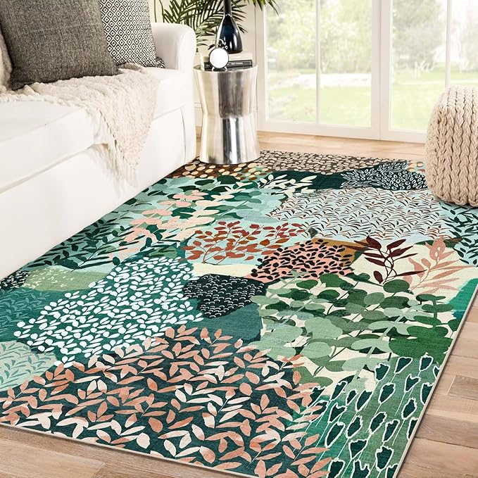 DEXDE 5x7 Area Rugs, Washable Non-Slip Abstract Boho Soft Rug for Living Room Bedroom,Leaves Floral Print Large Carpet for Entryway Playroom Office, Dark Green