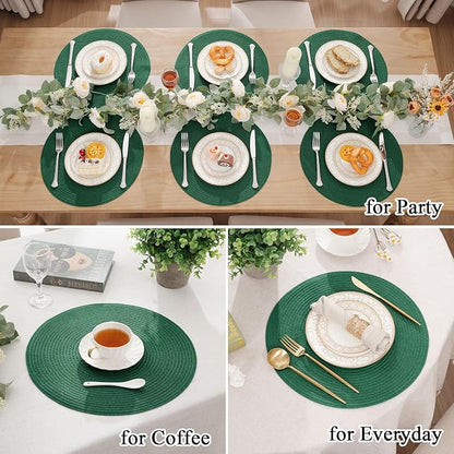 SHACOS Dark Green Round Placemats Set of 6 Cotton Polyester Braided 15 inch Washable Kitchen Dining Table Place Mats Christmas Table Mats for Home Wedding Party Decor