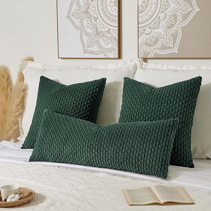 Kevin Textile 14x36 Inch Long Lumbar 1 Pack Boho Christmas Decorative Throw Pillow Cover Soft Striped Corduroy Rectangle Cushion Case Farmhouse Color Accent for Living Room Couch Sofa Bed, Army Green