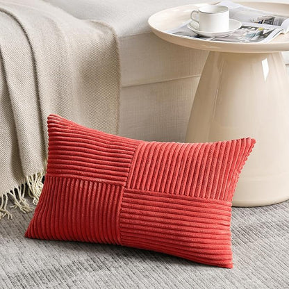 Fancy Homi 2 Packs Red Lumbar Decorative Throw Pillow Covers 14x24 Inch for Couch Bed Sofa, Holiday Christmas Home Decor Gift, Soft Striped Corduroy Rectangle Accent Cushion Case 35x60 cm