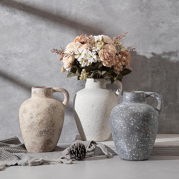 Ceramic Rustic Farmhouse Vase,8.85 Inch White Ceramic Decorative Flower for Home Decor Table Living Room Kitchen Bedroom Shelf Mantel Wedding Centerpiece Holiday & Wedding