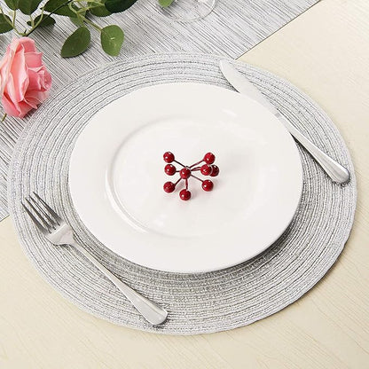 SHACOS Christmas Glitter Silver Placemats Set of 8 Sparkle Bling 15 inch Round Braided Table Mats Washable Place Mats for Dining Table Home Table Decor (Silver, 8)