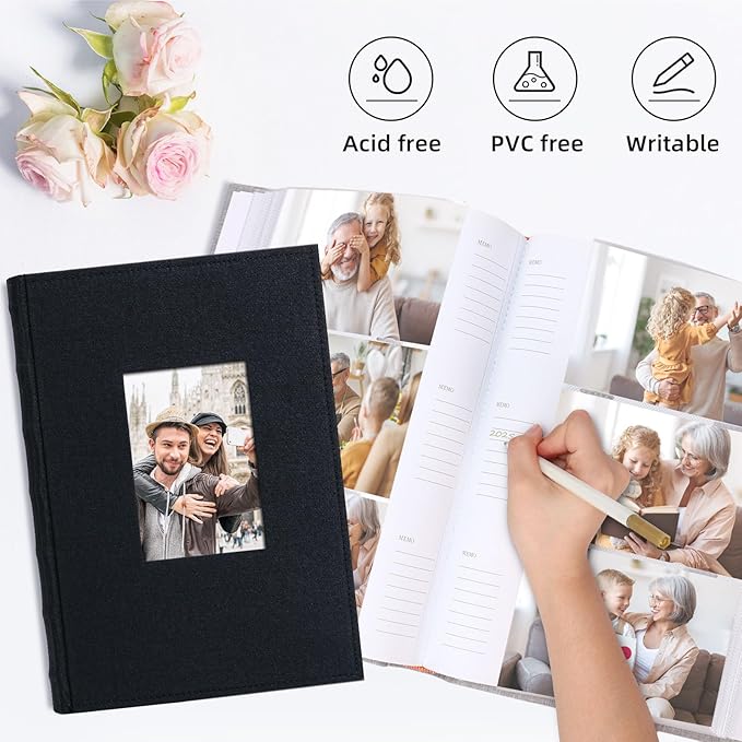 Vienrose Photo Album 4x6 300 Photos Linen Frame Cover with Memo Areas Photobook Large Capacity Slip-in Pictures Book for Wedding Baby Vacation, Black