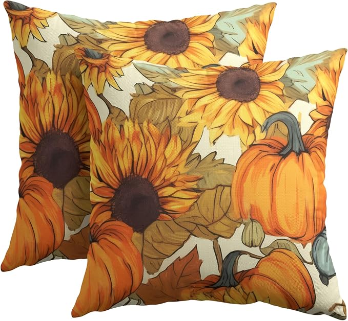 Pumpkin Fall Pillow Covers 16x16 Set of 2 Burnt Orange Autumn Thanksgiving Pillow Cases Sunflower Pattern Outdoor Decorative Holiday Cushion Cover Rustic Decoration Farmhouse Home Sofa Couch Bed Decor
