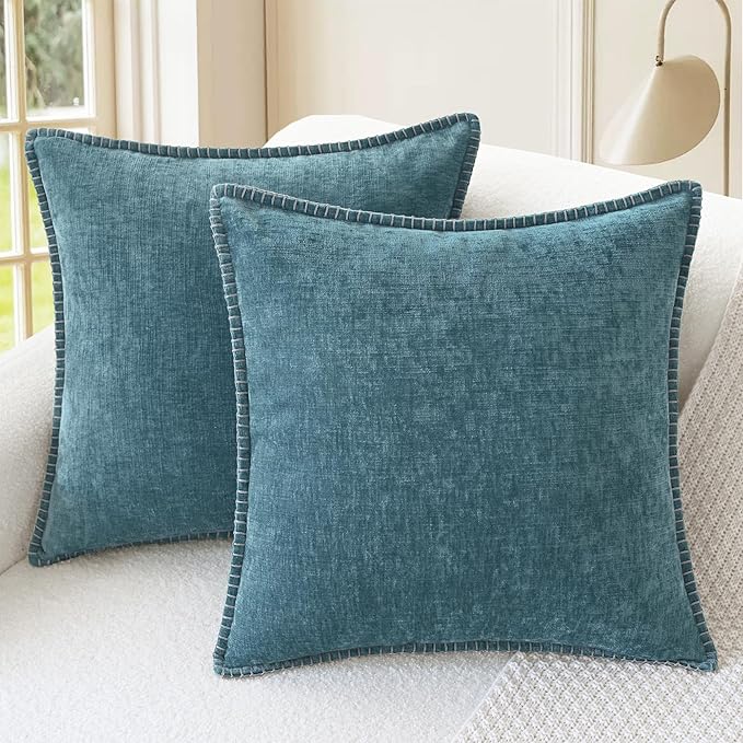 CaliTime Throw Pillow Covers Decorative 20 X 20 Inches Pack of 2 Cotton Thread Stitching Edges Solid Dyed Soft Chenille Cushion Cases for Couch Sofa Bed Living Room Farmhouse Smoke Blue