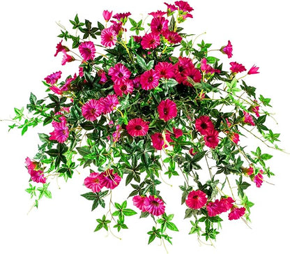 Artificial Flowers Artificial Petunias for Outdoors 2PCS Artificial Hanging Plants Outdoors Silk Flowers with Stems Outdoor Flowers Uv Resistant for Porch Terrace Decor，Rose Red，Without Pot