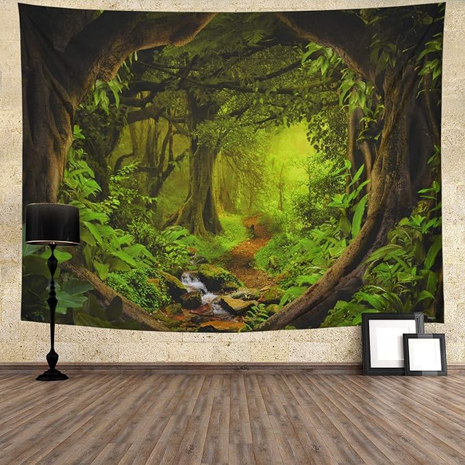 Forest Tapestry Psychedelic Tree Cave Tapestries Fantasy Nature Landscape Backdrop Tapestries Stream Through Rainforest Jungle Tapestry Wall Haning for Bedroom Decor