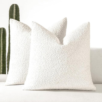 Boucle Decorative Throw Pillow Covers for Couch Set of 2, 20x20 inches, White