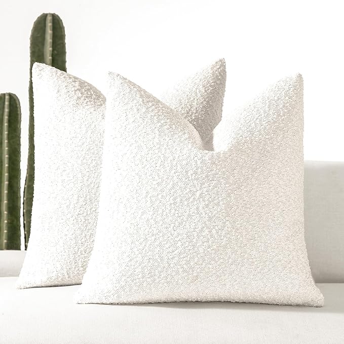 Boucle Decorative Throw Pillow Covers for Couch Set of 2, 22x22 inches, White