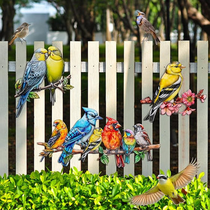 Metal Wall Art Decor Birds on Branch, 3D Colorful Bird Outdoor Hanging Wall Art Patio Fence Decorations, Hummingbird Wall Sculptures for Indoor Outdoor Garden (Birds C)